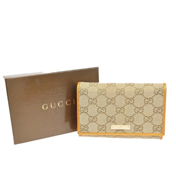 GUCCI GG Pattern Bifold Wallet Purse Canvas Leather Brown Orange Gold 69EF026 - Picture 1 of 16